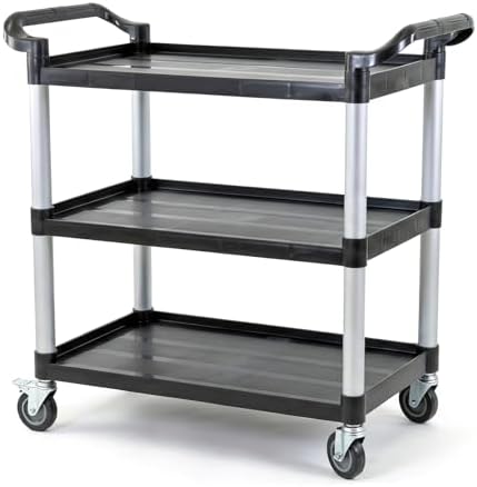 Commercial 3-Shelf Rolling Service Utility Cart | Capacity 390 lbs. | 37" x 34" x 16" | Black