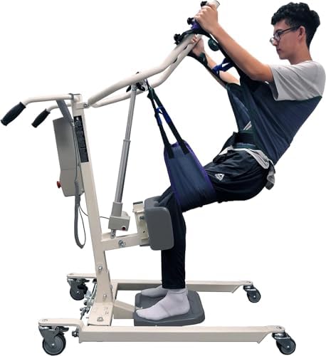 Stand Up Electric Patient Lift - Sit to Stand, Standing Lift, Rhino Lift with Manual Low Base - with Transport Sling (Large), 380 lb. Weight Capacity