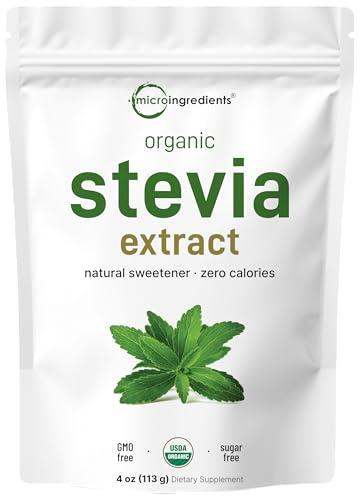 Micro Ingredients Pure Organic Stevia Powder, 8 Ounces, 1418 Serving, Highest Grade Green Leaf Extract Reb-A, Reduced Bitter Aftertaste, 0 Calorie, Natural Sweetener, Sugar Alternative, Keto Friendly