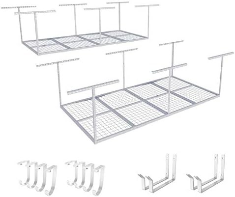 FLEXIMOUNTS 4x8 Overhead Garage Storage Rack with Hooks, Black