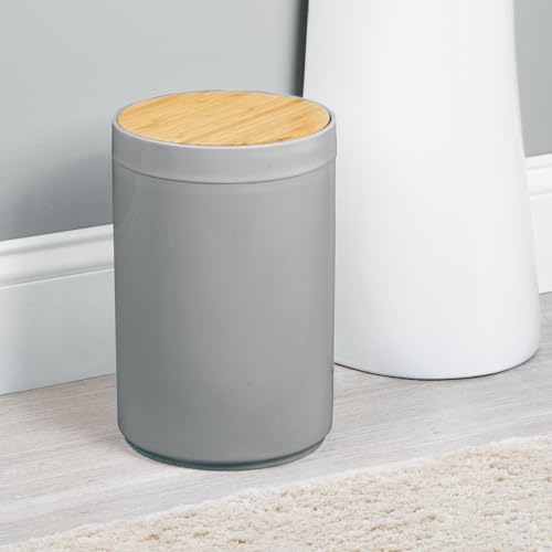 mDesign Plastic Round Trash Can Small Wastebasket - Garbage Bin Container with Swing-Close Lid - Bathroom Garbage Basket - Holds Waste, Recycling - 1.3 Gallon - Basa Collection - Cream/Beige/Natural