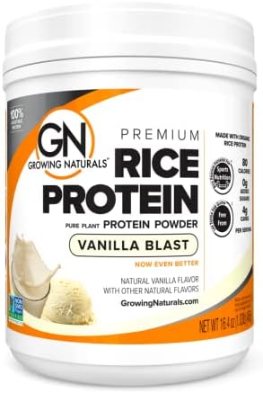 Growing Naturals Organic Rice Protein Powder - 15g Plant Protein, 2.8G BCAA - Low-Carb, Low-Sugar, Non-GMO - Vanilla Blast, 2 Pound (Pack of 1)