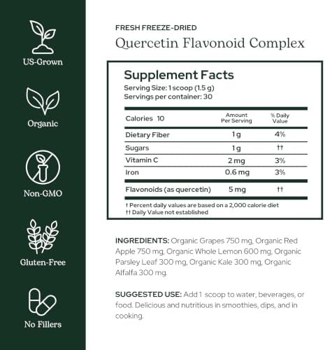Eclectic Institute Raw Fresh Freeze-Dried Quercetin Flavonoid Complex, Whole Food Powder | 3.2 oz (90 g)