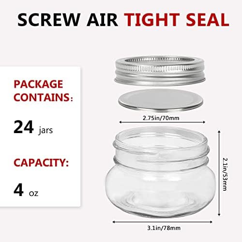 Betrome 24 Pack 4 oz Glass Mason Jars, Canning Jars with Regular Lids | 120ml Glass Storage Containers for Overnight Oats, Jam, Jelly,Honey, Beans, Spice, Wedding Party Favors, Shower Favors