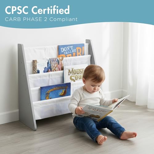 Humble Crew Kids Bookshelf, Montessori Front Facing Toddler Bookcase 4 Tier | Book display rack and reading nook organizer, nylon pockets show covers face out, compact for any playroom or bedroom space