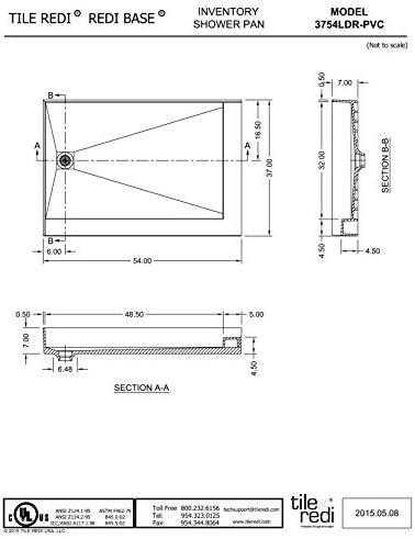 Tile Redi B3754L-DRRDPVZ Shower Pan Kit with Flashing, Left Drain- Double Curb Shower Base, 2" PVC Drain and Plate Included, 54" Width x 37" Depth