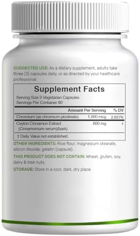 Ceylon Cinnamon with Chromium 1000mcg, 240 Capsules | Active Inner Bark Extract, True Sri Lanka Source | Natural Cinnamon Supplements