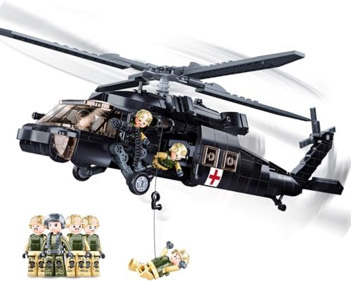 UH-60 Black Utility Helicopter Building Set, Hawk Plane Model (692 PCS) | with 4 Soldier Figures, Birthday Gift Toys for 8-14 Boys