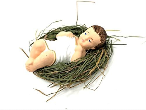 4 Inch Baby Jesus in Manger Figurine, Small Baby Jesus Manger Crib for Nativity Set on Natural Hay, Handcrafted Holy Gift Made in Poland