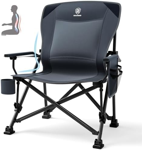 EVER ADVANCED Oversized Folding Camping Chair for Adults with Adjustable Lumbar Support, Heavy Duty Chair with Side Pockets, Portable Collapsible Quad Chair for Outside