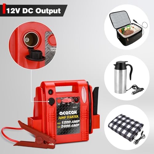 12V/24V Jump Starter, 2400/1200 Peak Amp Battery Jump Starter for Truck Car Tractor Excavator, Heavy Duty Jump Box Battery Pack with USB and DC Output