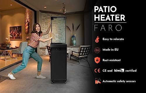Planika Faro 41, 000 BTU Propane Patio Heater 59" Modern Freestanding Glass Tower with Wheels, Smokeless 360° Flame