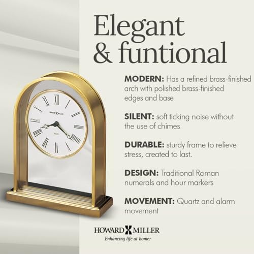 Howard Miller Reminisce Table Clock | Polished Brass Finish, Quartz Movement, Roman Numeral Analog Dial