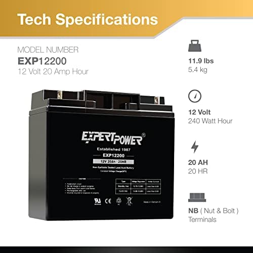 ExpertPower EXP12200 12V 20Ah - SLA Rechargeable 12V Battery for Ride on Toys, UPS, Lawn Mower, Generator, Medical Devices, Wheelchair