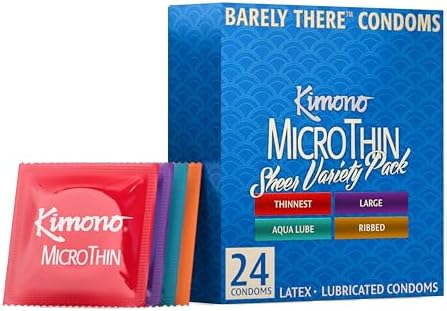 Kimono MicroThin Sheer Variety Pack of 12 - Multiple Styles of Ultrathin Condom Shapes, Unique Designs in One Pack, Natural Latex Condoms, Vegan-Friendly, No Latex Odor - Enhanced Sensitivity