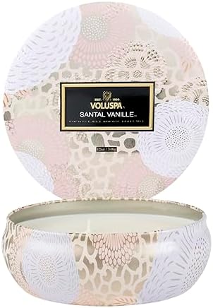 Voluspa Santal Vanille, 3 Wick Tin Candle, 12 oz, 40 Hour Burn Time, Coconut Wax for Clean Burning, Handcrafted in the USA