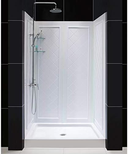 DreamLine 32 in. D x 32 in. W x 76 3/4 in. H Center Drain Acrylic Shower Base and QWALL-5 Backwall Kit In White, DL-6195C-01