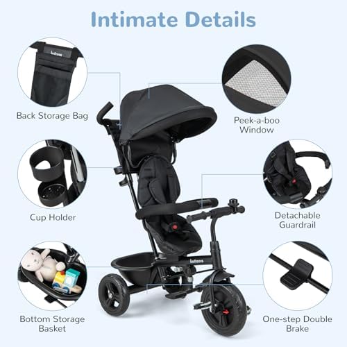 INFANS Kids Tricycle, 6 in 1 Stroll Trike with Adjustable Push Handle, Removable Canopy, Retractable Foot Plate, Lockable Pedal, Detachable Guardrail, Suitable for 10 Months to 5 Years (Blue)
