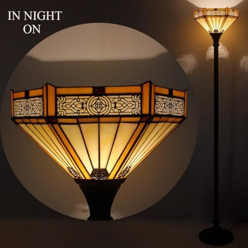 WERFACTORY Tiffany Floor Lamp Yellow Hexagon Stained Glass Mission Light | 12X12X71 Inches Torchiere Standing Corner Torch Uplight Decor Bedroom
