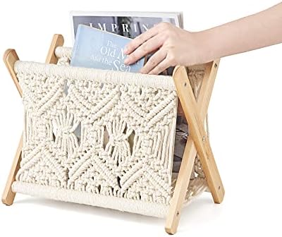 Mkono Macrame Magazine Holder, Boho Woven Book Rack Basket, 11.2"L x 7.5"W