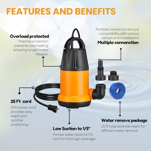 Sump Pump Submersible With 25Ft. Hose, Submersible Pump, 25Ft Cord, 4000GPH | 1.5HP Water Pump Submersible With 25ft. Hose Kit, Utility Pump