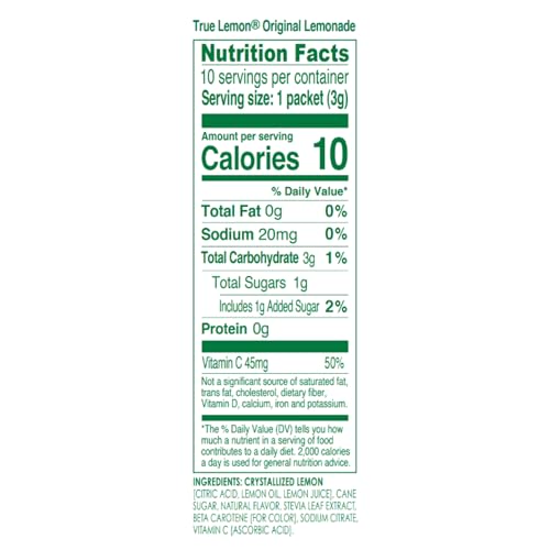 TRUE LEMON Original Lemonade Drink Mix (30 Packets) | Made from Real Lemon | No Preservatives, No Artificial Sweeteners