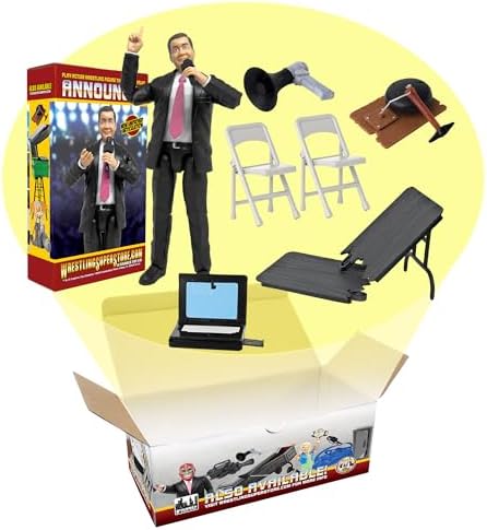 Talking Ring Announcer & Accessory Set for Wrestling Action Figures | Bring Events to Life with a Talking Ring Announcer, Breakable Table, Chairs