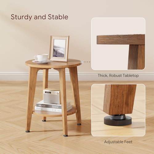 Simple Trending Round Side Table, Small End Table, Nightstand Bedside Table with Tapered Legs, for Living Room, Rustic Walnut