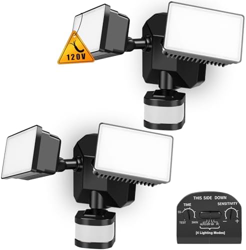 Dusk-to-Dawn Security Lights with Motion Sensor, 5000K IP65 Waterproof Outdoor, 280W Equiv. 110V 120V Dual-Head Rotatable LED Flood Light for Porch, Garage, Yard, Driveway