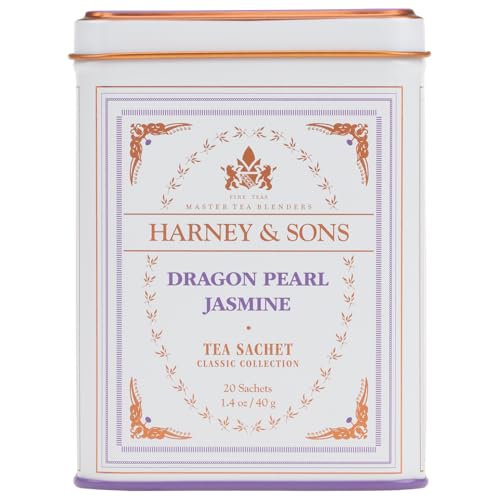Harney & Sons Dragon Pearl Jasmine Tea, 20 Count(Pack of 1) | Green tea scented with jasmine flowers for a delicate floral aroma. Contains caffeine.