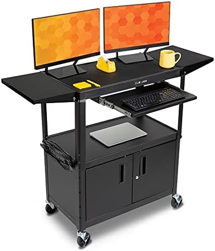 Line Leader AV Cart w/Locking Cabinet, Black Metal Utility Cart with Storage Shelf - Height Adjustable, Mobile and Great for Offices, Classrooms, Libraries (Black, 24in x 18in)