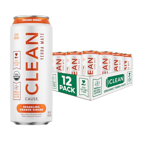 CLEAN Cause Zero Sugar Yerba Mate Organic Energy Orange Ginger, 12Pack 16oz
