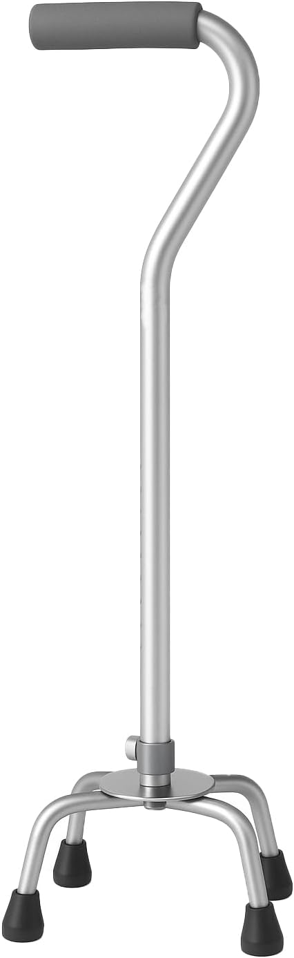 Carex Quad Cane with Small Base - Quad Walking Cane with Offset Cane Handle and Adjustable Height - 4 Tip Cane for Stability, Grey/Silver