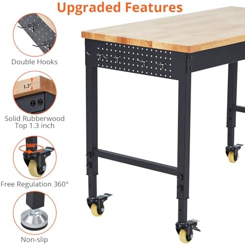 48’’x24’’ Adjustable Workbench,Workbench with Drawers,Darage Workbench with Pegboard,2000 LB Load Capacity,4 Rolling Casters, Power Outlets, Metal Frame,for Garage, Workshop, Home, Office
