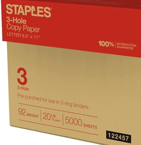Staples 8.5" x 11" 3-Hole Punched Copy Paper, 20 lbs., 92 Brightness, 500/Ream