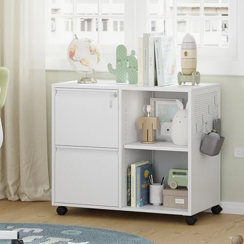 Mobile 3 Drawer File Cabinet with Lock-Metal Lateral Rolling Printer Stand Filing Cabinets for Home Office-Storage A4/F4/Letter (White)