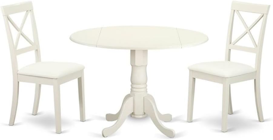 East West Furniture DLBO3-WHI-W 3 Piece Dining Room Table Set Contains a Round Kitchen Table with Dropleaf and 2 Dining Chairs, 42x42 Inch, Linen White