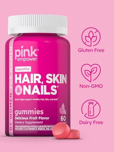 PINK Hair Skin Nails Gummies | Plus 2,500 mcg of Biotin | 60 Count