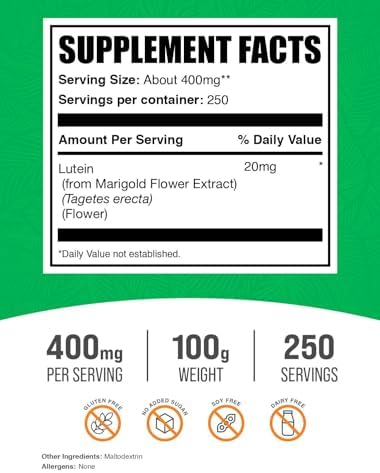 BulkSupplements.com Lutein Powder - from Marigold Flower Extract, Eye Supplement, Lutein 20mg - Antioxidant Source, Gluten Free, 400mg per Serving, 250g (8.8 oz) (Pack of 1)