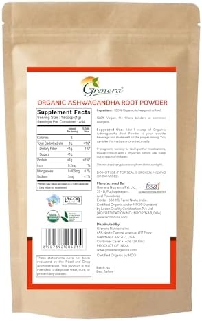Grenera Organic Ashwagandha Root Powder | 2.2 lbs (1 kg) | USDA Organic, Vegan, Kosher Certified | Non-GMO, Gluten Free | Ashwagandha Powder for Smoothies, Drinks, Recipes | Lab Tested