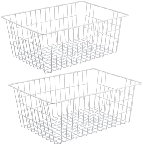 iPEGTOP Wire Storage Freezer Baskets, Set of 2 Large 15.4" Household Metal Organizer Storage Bins Basket for Kitchen Cabinets, Refrigerators, White