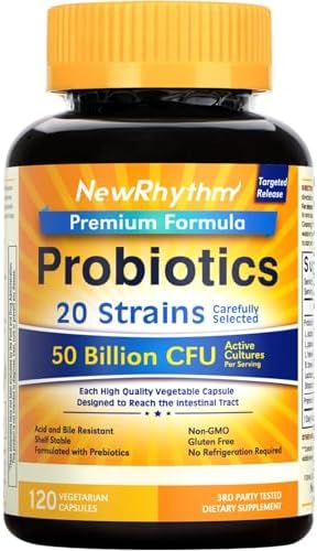 NewRhythm Probiotics 50 Billion CFU 20 Strains, 60 Veggie Capsules, Targeted Release Technology, Stomach Acid Resistant, No Need for Refrigeration, Non-GMO, Gluten Free