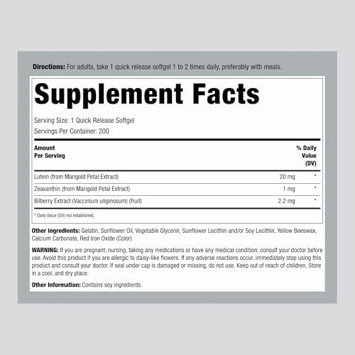 Piping Rock Lutein and Zeaxanthin Supplements | 200 Softgels | with Bilberry Extract | Eye Vision Vitamin | Non-GMO, Gluten Free