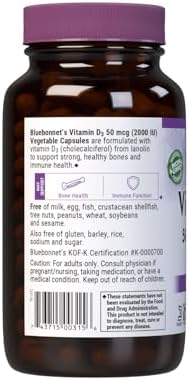 Bluebonnet Nutrition Vitamin D3 2000 IU Vegetable Capsule, Aid in Muscle and Skeletal Growth, Cholecalciferol from Lanolin, D3, Non GMO, Gluten Free