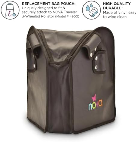 NOVA Medical Products Pouch Bag for 3 Wheeled Rollator Walker – Replacement Storage Tote & Organizer for Three Wheel Mobility Aids, Zippered Closure