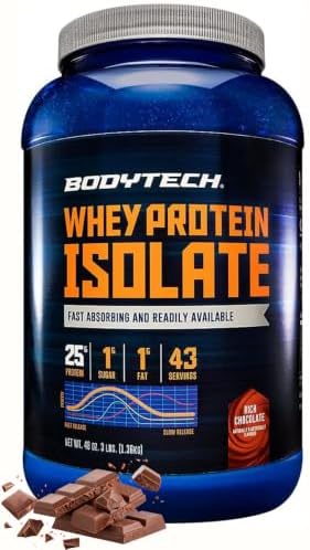 BodyTech Whey Protein Isolate Powder, Rich Chocolate, 3 LB, 43 Servings | 24G per Serving