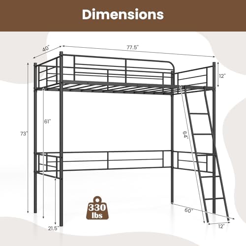 GIANTEX Twin Size Loft Bed, Metal Loft Bed Frame with Ladder & Safety Guardrail, Space-Saving with Ample Space Underneath, for Teens Junior and Adults