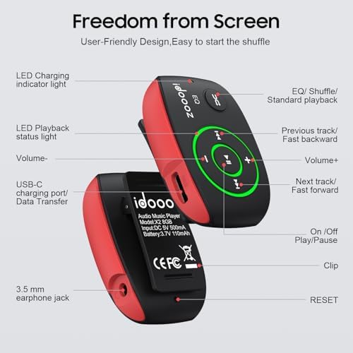 Clip MP3 Player with LED Light, idoooz 8GB X2 Mini MP3 Music Player | Clip-On MP3 Player With Shuffle and Loop Playback for Sports, Gym, Jogging