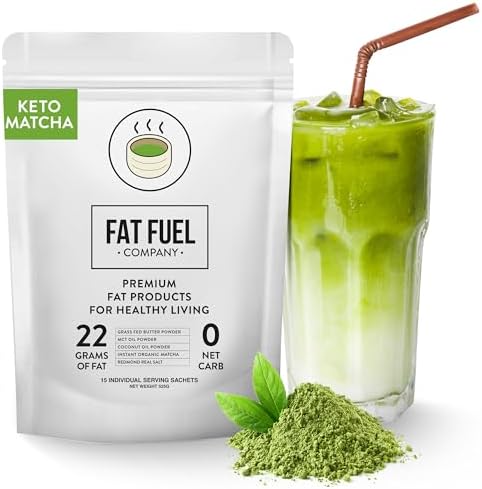 FAT FUEL Keto Matcha 22g Premium Fats - With Grass Fed Butter, MCT Oil, Coconut & Redmond Real Salt - Instant Organic Matcha, Zero Net Carb