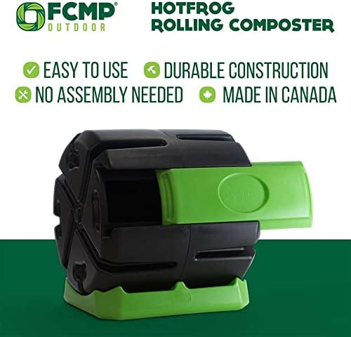 FCMP Outdoor HOTFROG Rolling Single Chamber Batch Tumbling Composter - Outdoor Rotating Garden Compost Bin (HF-RC4000WB) Black & Green (37-Gallon)